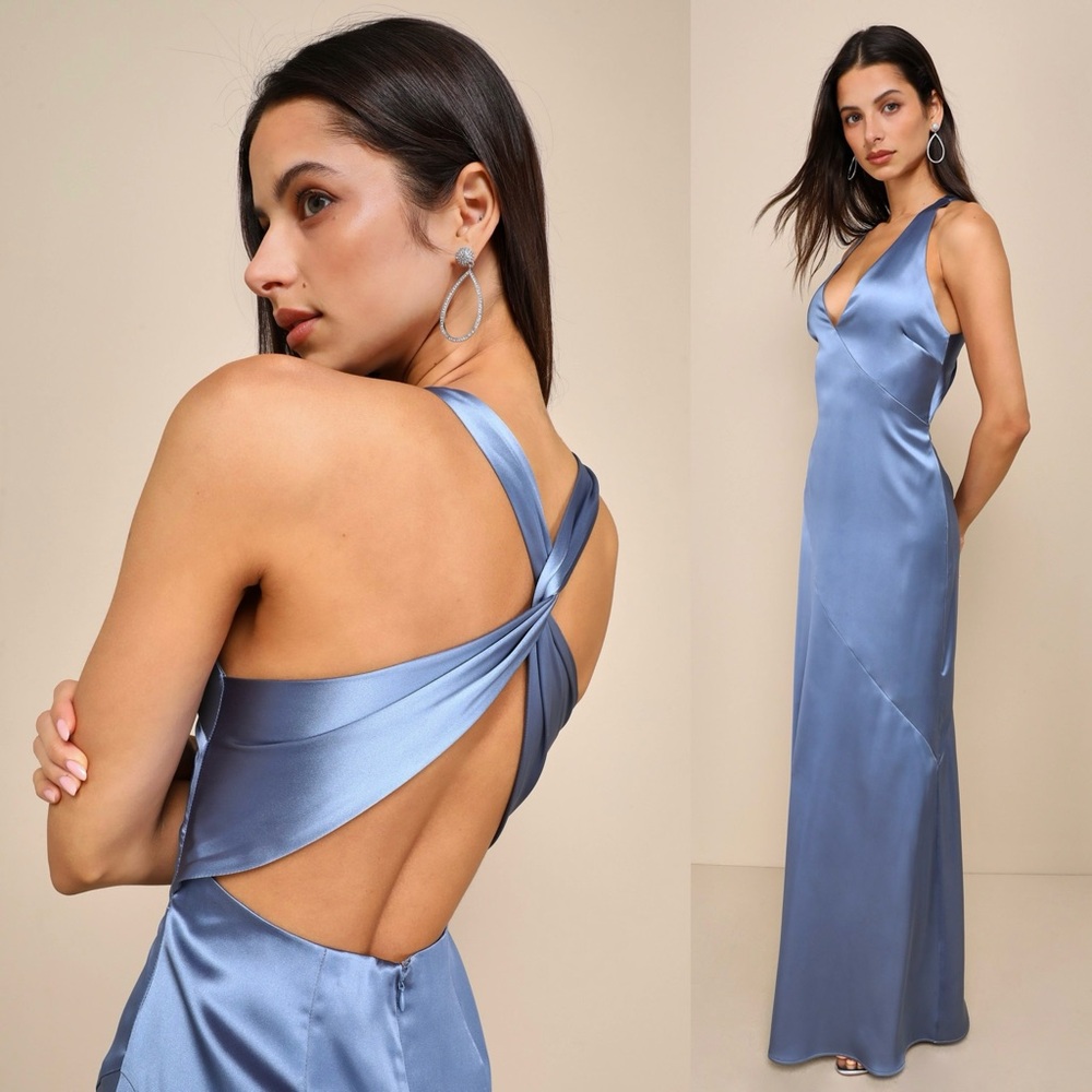 NWT LULUS Blue Satin Twist Open Back Halter V-Neck Sleeveless Maxi Slip Dress XL - Picture 2 of 5